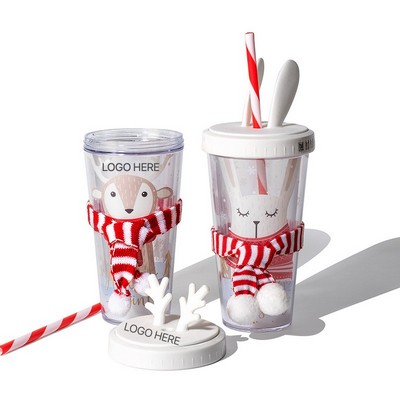 420ml Christmas Double Layer Straw Cup with Cute Reindeer Antler Design and Scarf Decoration
