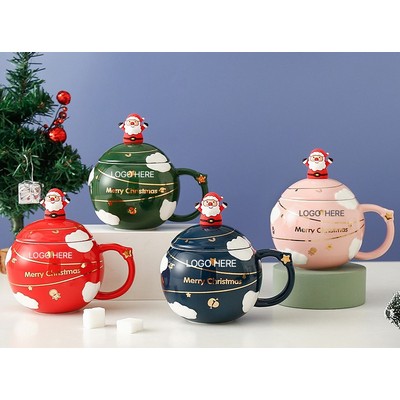 Embossed Planet Christmas Ceramic Mug with Lid and Spoon