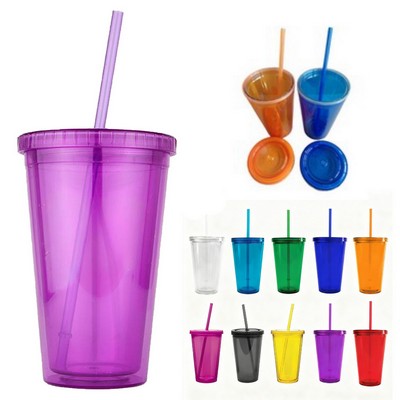 16 Oz Double Wall Acrylic Cups W/ Lid Straw