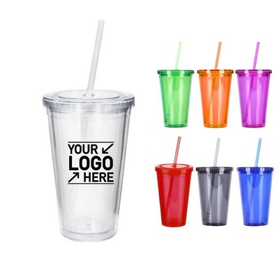 16 Oz PS Double-Wall Travel Cup with Straw Capacity