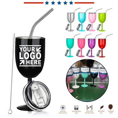 10oz. Stainless Steel Wine Goblet With Lid And Straw