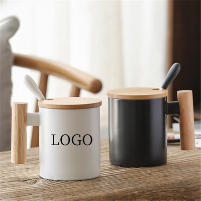 12 Oz. Coffee Mug With Wooden Handle And Bamboo Lid